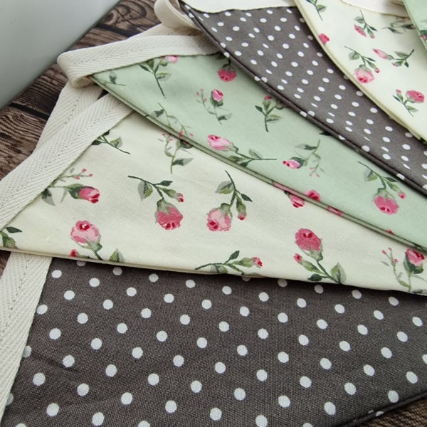 Vintage Style Floral Spotted Double Sided Handmade Fabric Bunting 