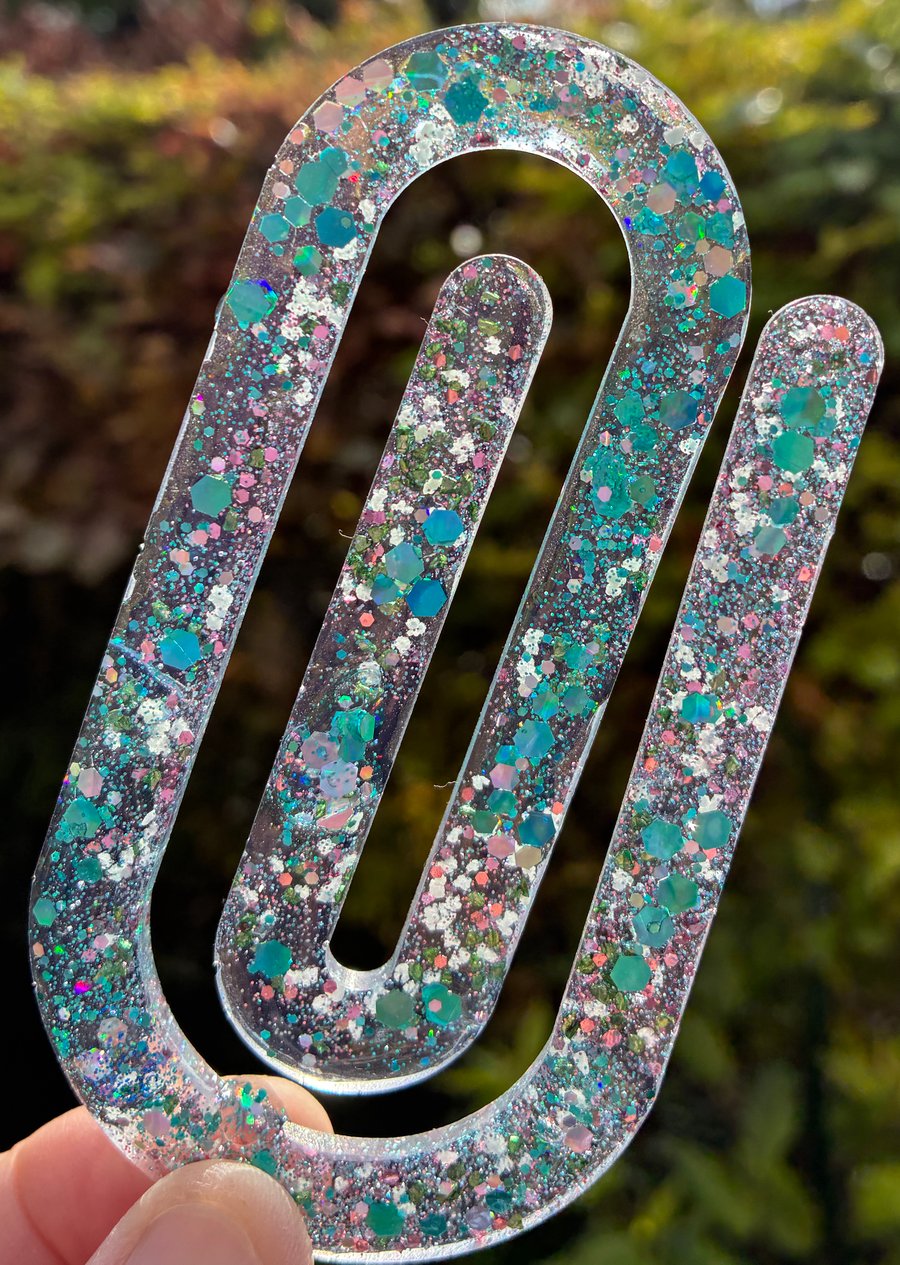 Large resin paperclip bookmark with blue green holographic glitter