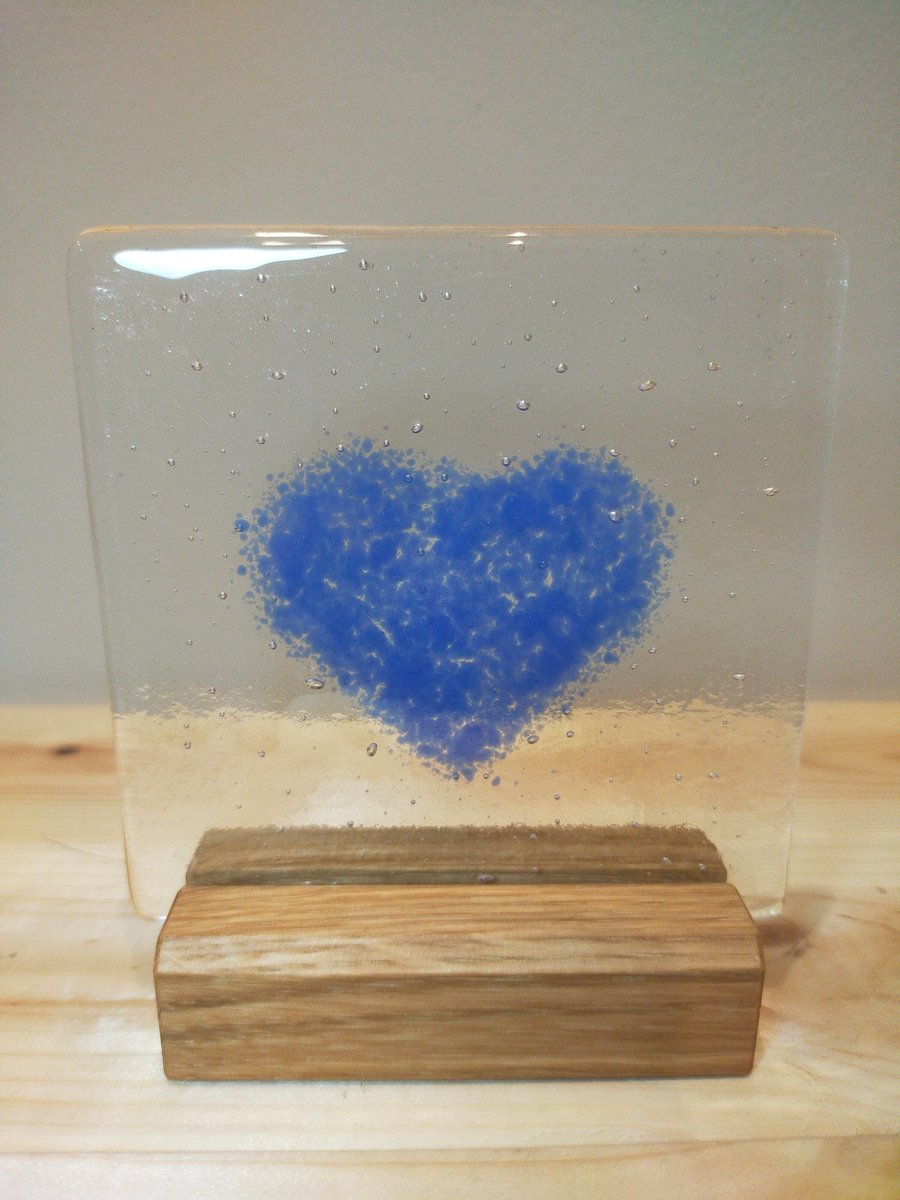 Fused glass heart on oak stand. Ideal for Valentine