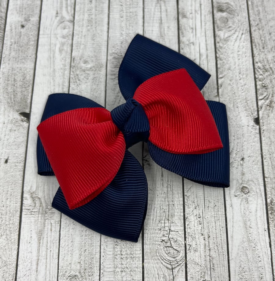 Navy and Red Top Knot Bow on Clip