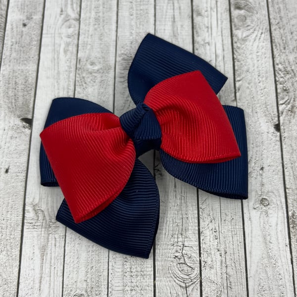 Navy and Red Top Knot Bow on Clip