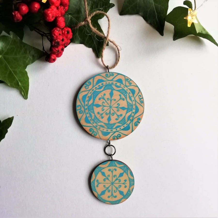Handprinted Wooden Tree Decoration in Light Blue