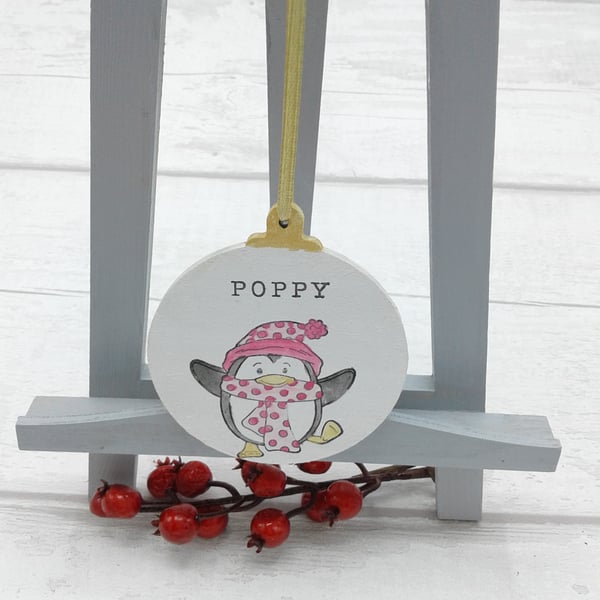 Personalised Christmas decoration. Tree decoration. Wooden bauble. Penguin.