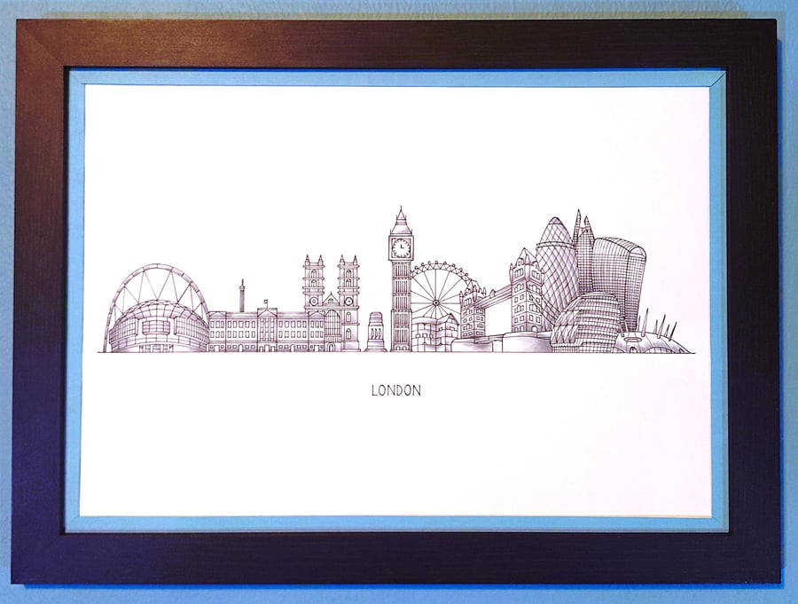 London Cityscape Handmade Unique Framed A3 Print Sky Blue Border Wallart Gift