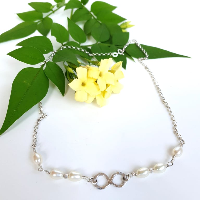 Dainty Cultured Pearl & Infinity Link Necklace Sterling Silver Wedding NecklaceT