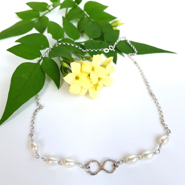 Dainty Cultured Pearl & Infinity Link Necklace Sterling Silver Wedding NecklaceT