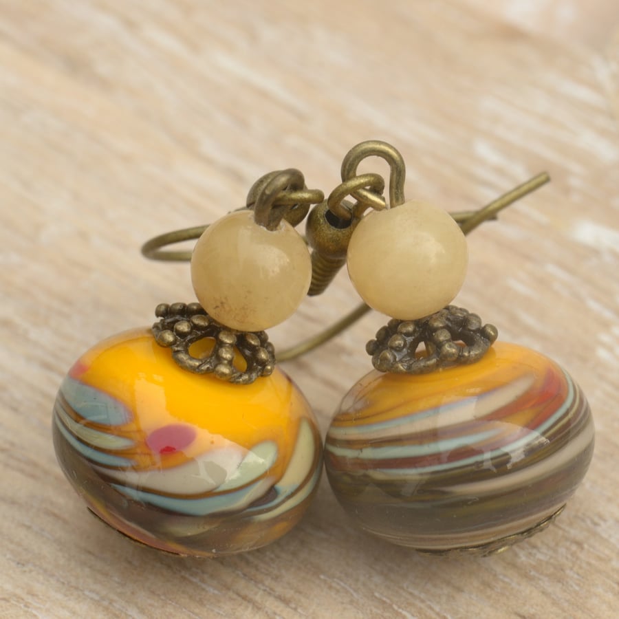 Handmade Orange Swirl Lampwork Glass Bead Earrings with Calcite Gemstones