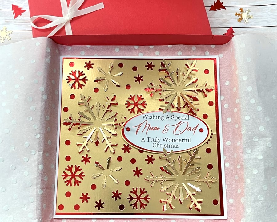 Christmas Card Personalised Red & Gold Snowflakes Mum Dad Nan Grandad Daughter