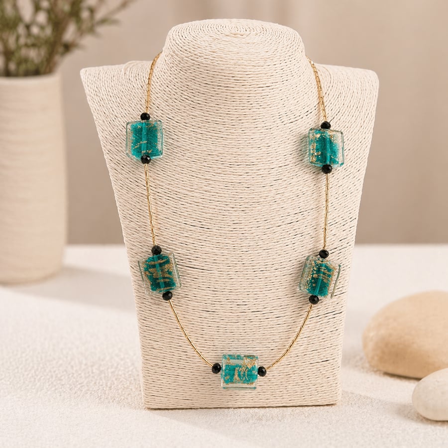 Gold and Green Vintage Murano Glass Necklace