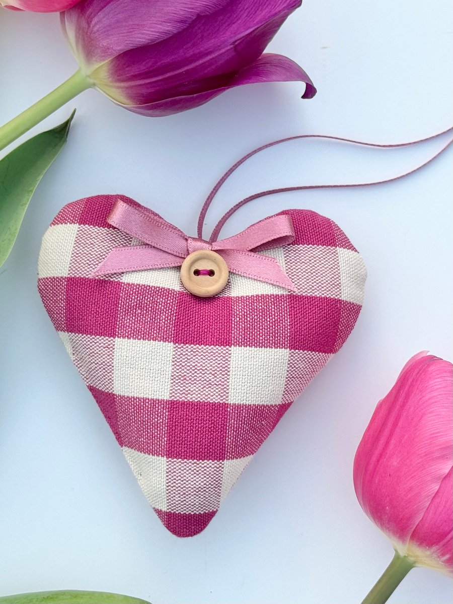 CERISE PINK CHECKED FABRIC HEART DECORATION