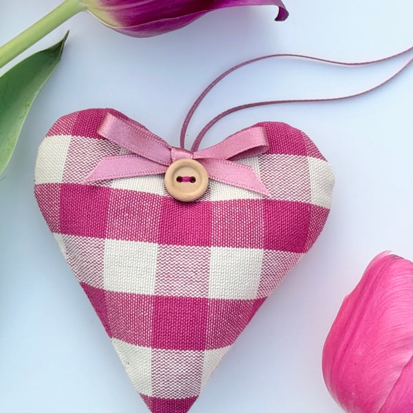 CERISE PINK CHECKED FABRIC HEART DECORATION
