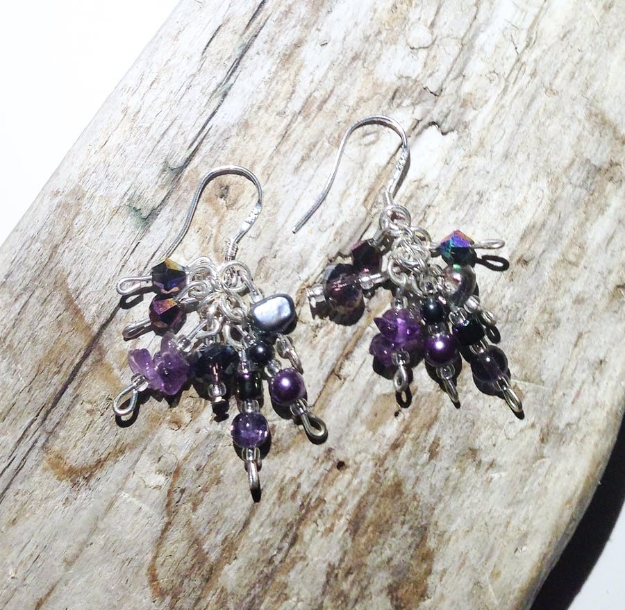 Purple Amethyst and Freshwater Pearl MIx Cascade Earrings - UK Free Post