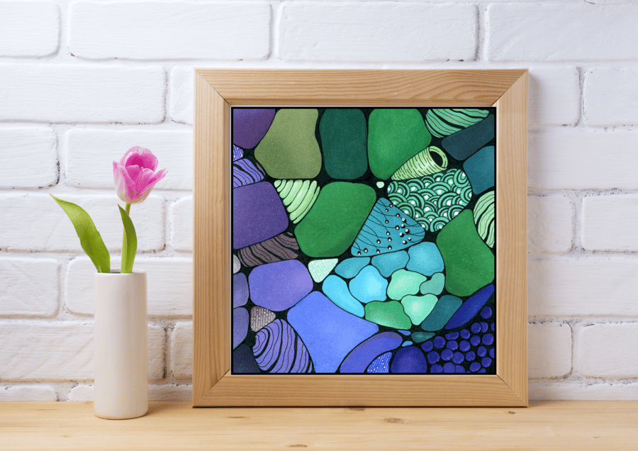 Neurographic Art Print - Alcohol Ink Vibrant Abstract Doodle Art 8x8" 