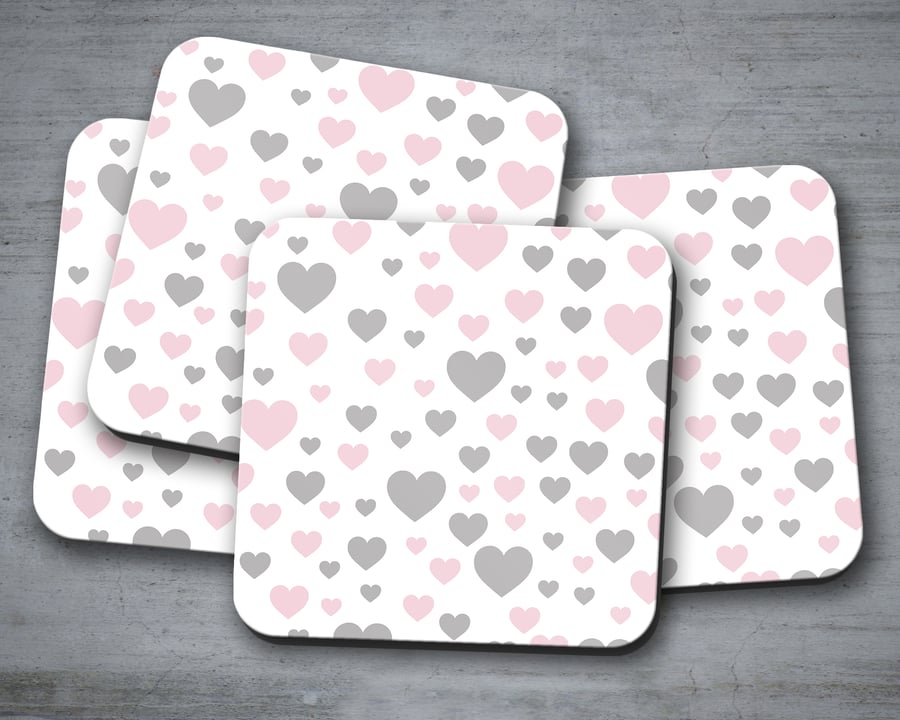 Set of 4 White with Pink and Grey Hearts Design Coasters