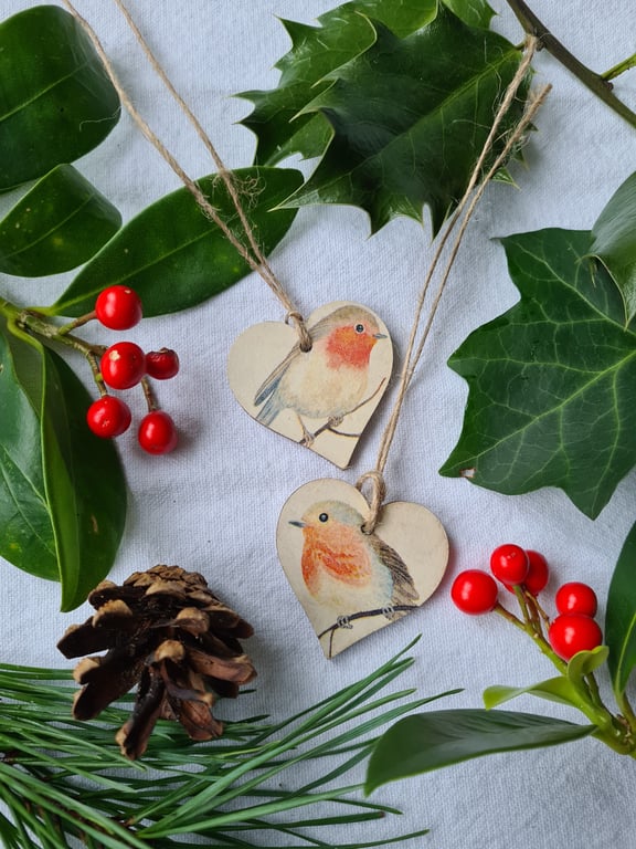2 gift tags Christmas robin wooden decorations decoupage 