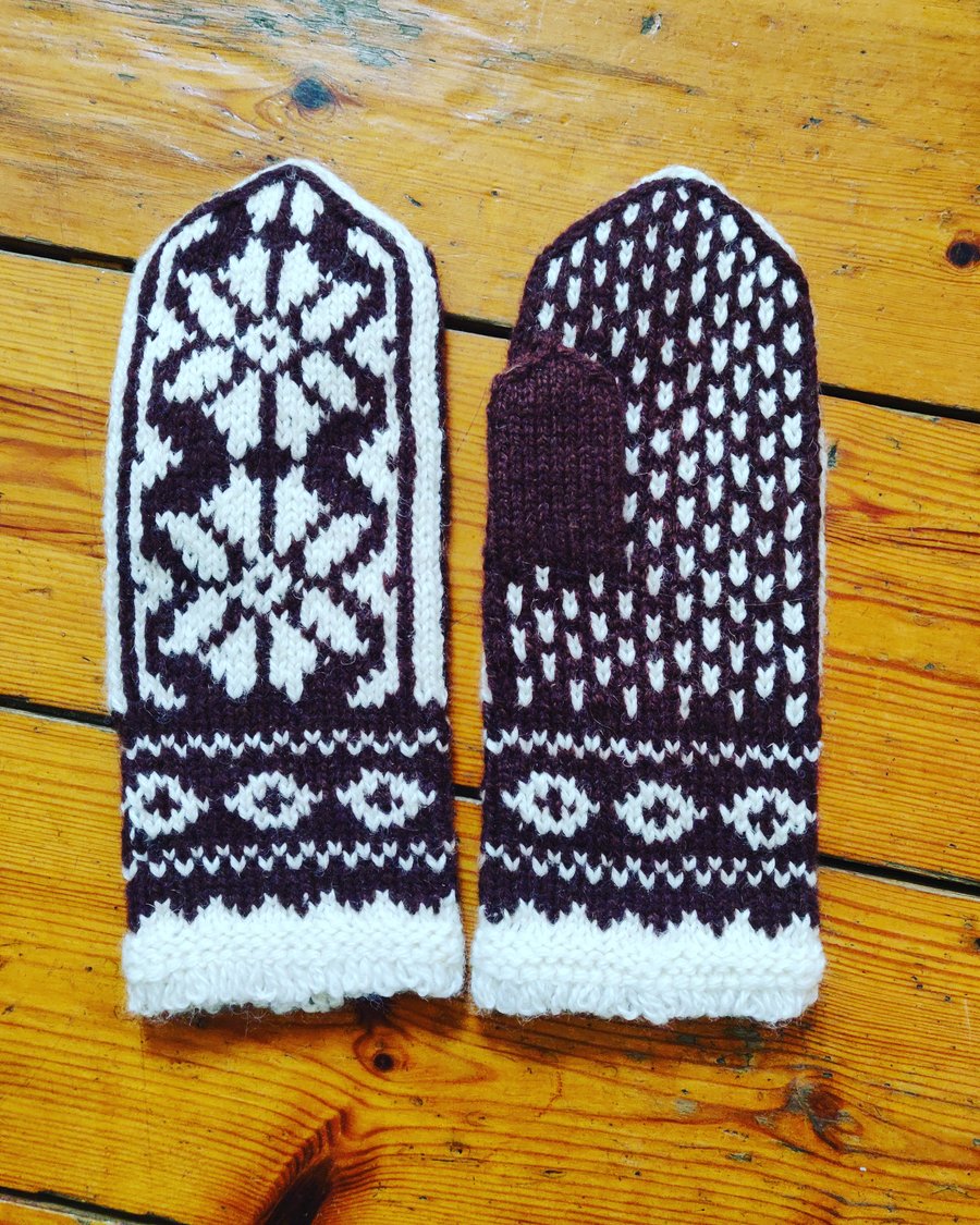 Hand knit wool mittens brown white traditional fairisle design