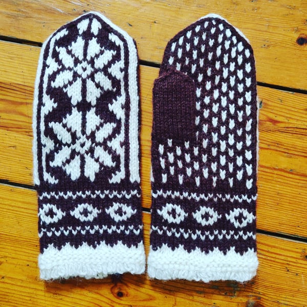 Hand knit wool mittens brown white traditional fairisle design