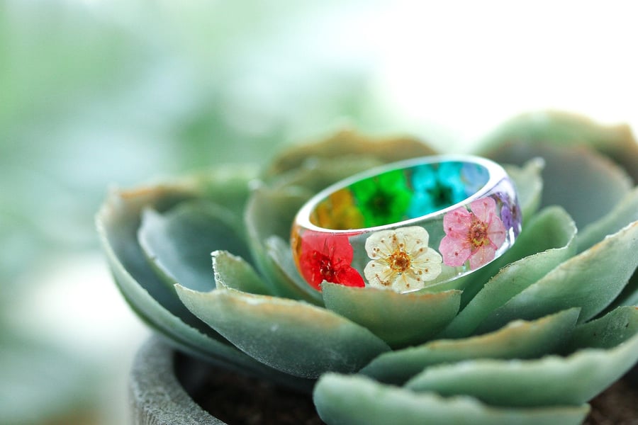 Real Flower Ring Rainbow Blossom Pressed Flower Jewelry Gifts for Her Resin Ring