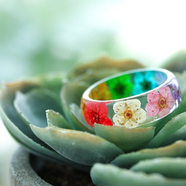 Real Flower Ring Rainbow Blossom Pressed Flower Jewelry Gifts for Her Resin Ring