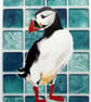 Puffin bird. Original mounted acrylic painting on tile look background  - Image 2