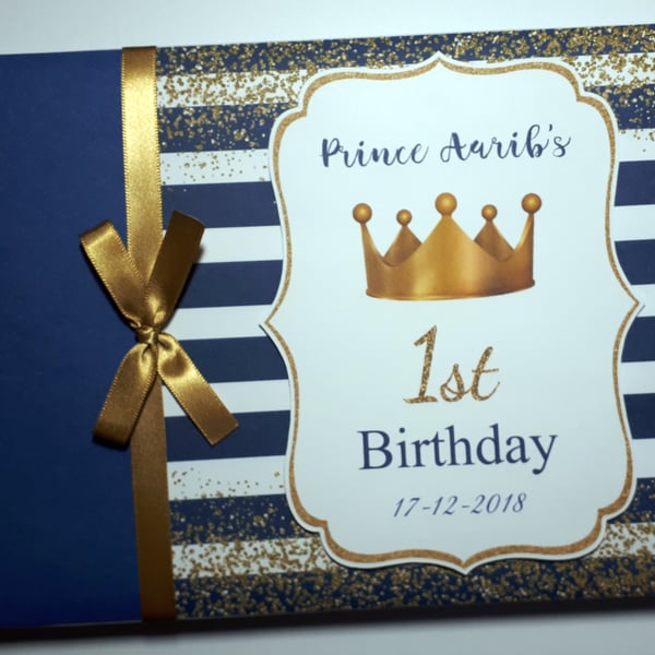 Prince birthday guest book, gold crown navy blue and gold guest book