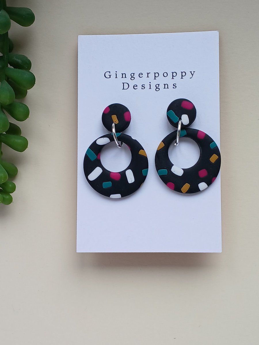 Black Confetti Design Polymer Clay Circle Earrings