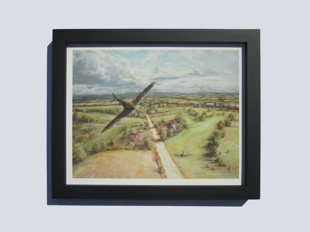 SPITFIRE Framed Aviation Art Print-Battle of Britain WW2-Giclee 10x8, Wood Frame