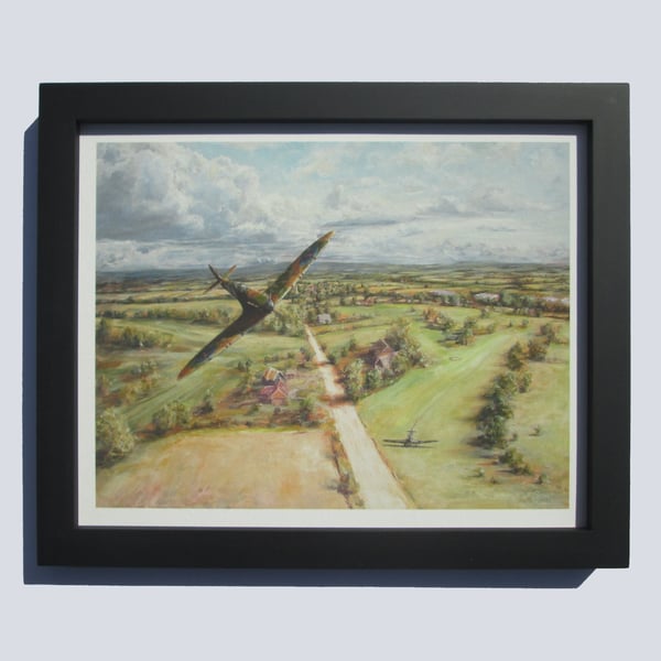SPITFIRE Framed Aviation Art Print-Battle of Britain WW2-Giclee 10x8, Wood Frame