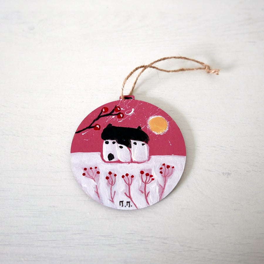 Pink Tree Bauble, Handmade Christmas, Hand-painted Decoration, Winter Landscape