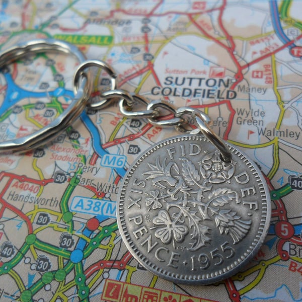 65th Birthday Gift 1958 lucky sixpence coin keyring keychain British Coin 65th b