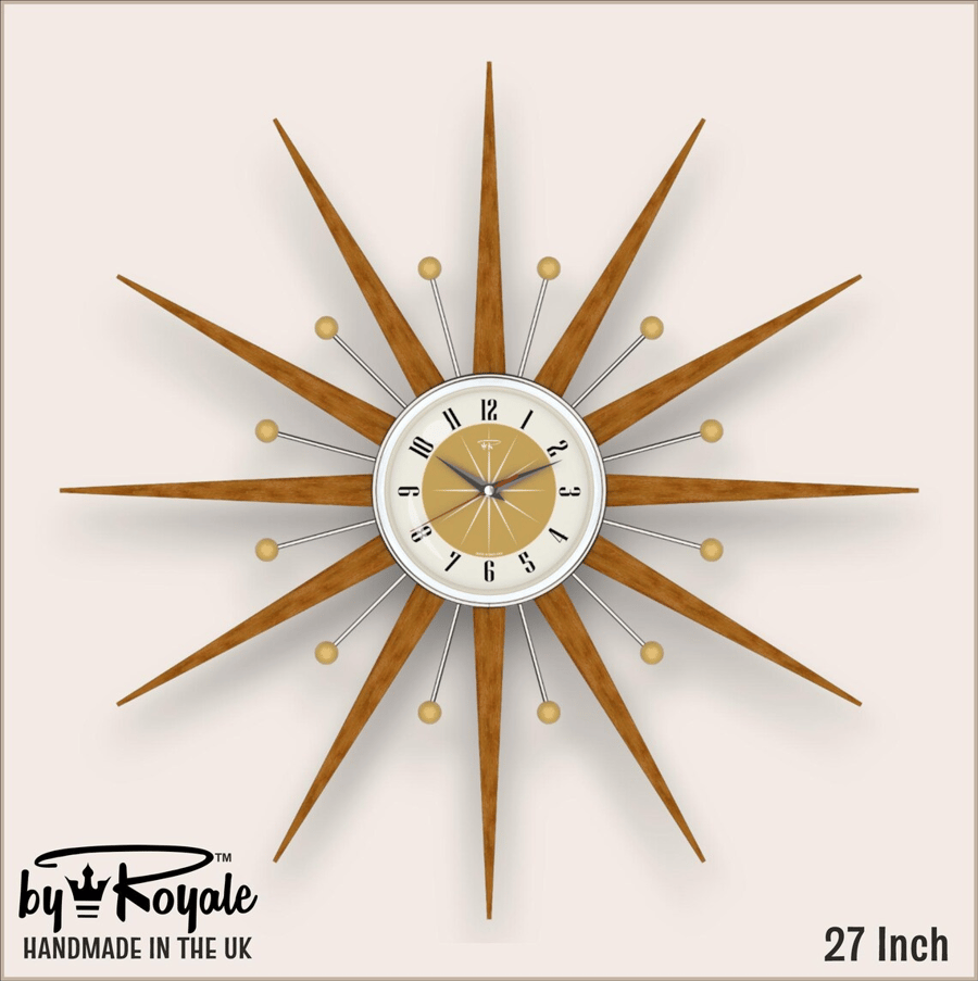 Mid Century Starburst Wall Clock By Royale The Welby in Burnt Gold - 4 Sizes