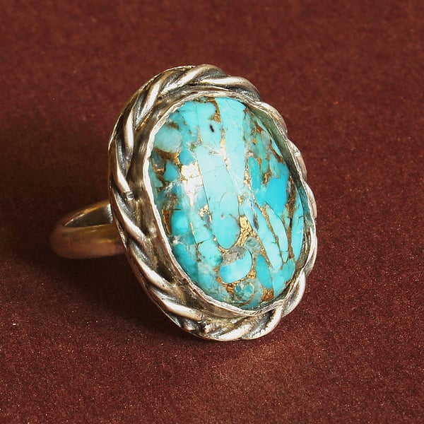 Turquoise And Silver Ring - Classic Navajo Style - Size M - Artisan