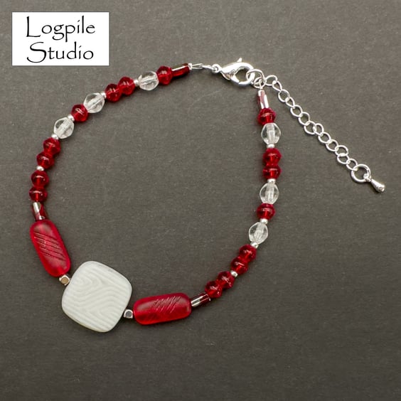 Silver and Red Beaded Bracelet