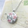 Pale peach poppy Liberty print fabric button pendant antique silver finish