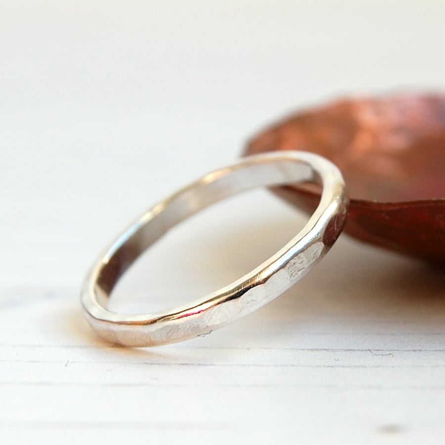 Flat hammer textured silver stacking ring