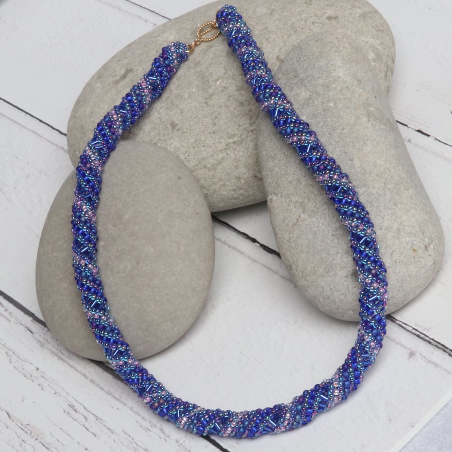 Blue and Pink Russian Spiral Beaded Necklace - Folksy