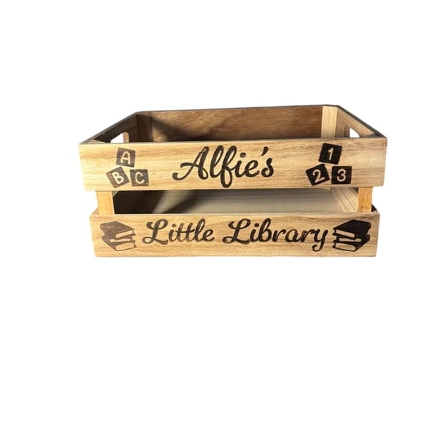 Personalised Wooden Library Crate - Custom Name Rustic Book Storage & Organiser