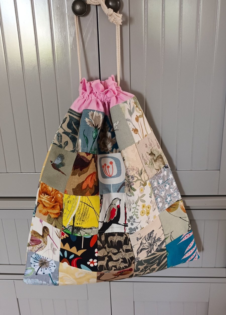 Image of Large Lined Drawstring Bag in Reclaimed Fabrics – One-of-a-Kind Design