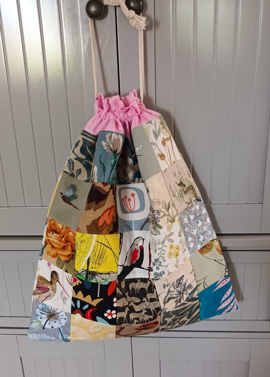 Large Lined Drawstring Bag in Reclaimed Fabrics – One-of-a-Kind Design