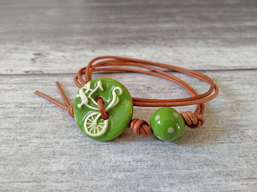 "I Want to Ride My Bicycle" - Ceramic Button Wrap Bracelet - Bicycle Jewellery