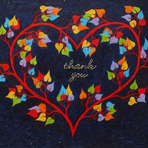 Thank You Card, Heart Card, Thank You Tree Heart Card, Tree of Life Rainbow Art