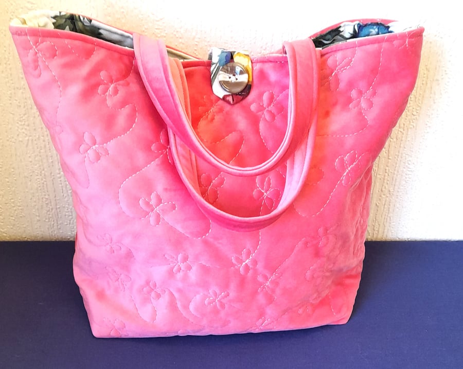 Coral Pink, Floral Quilted Design Handbag, Handmade, Unique Gift.