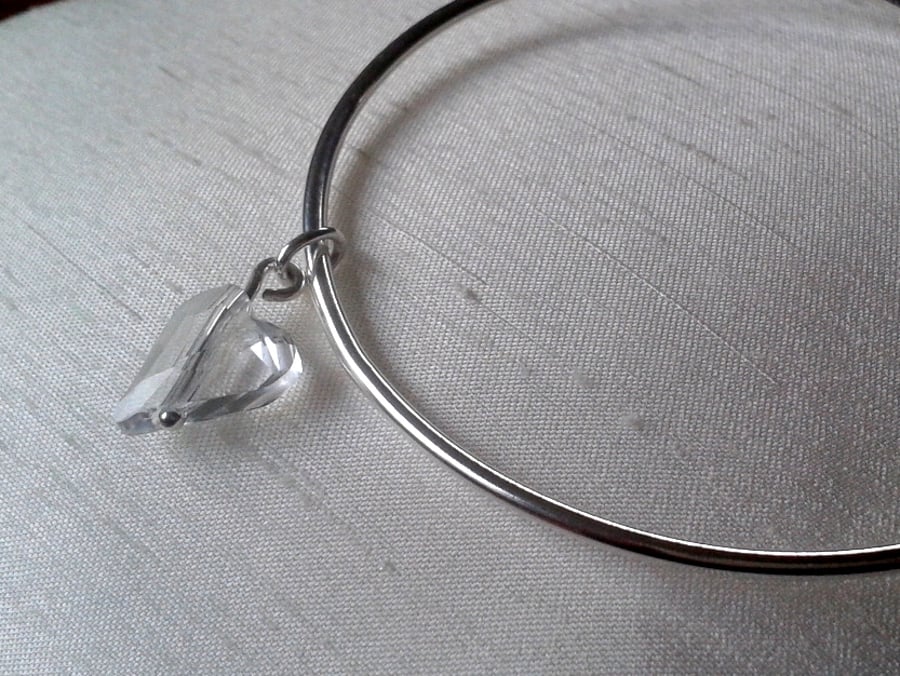 Sterling Silver Bangle with Crystal Heart Charm