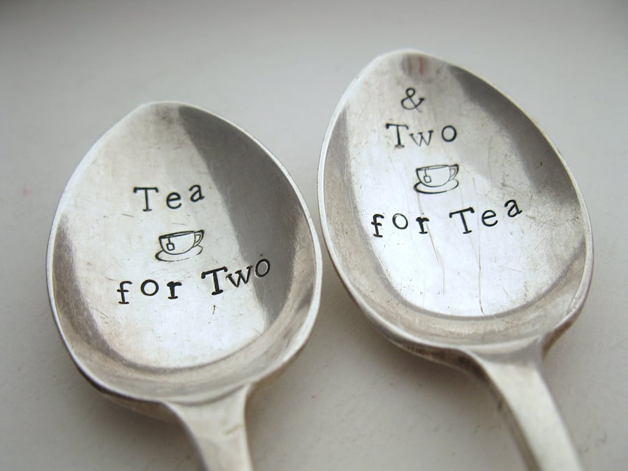 Tea for Two teaspoon pair, matching vintage handstamped spoons