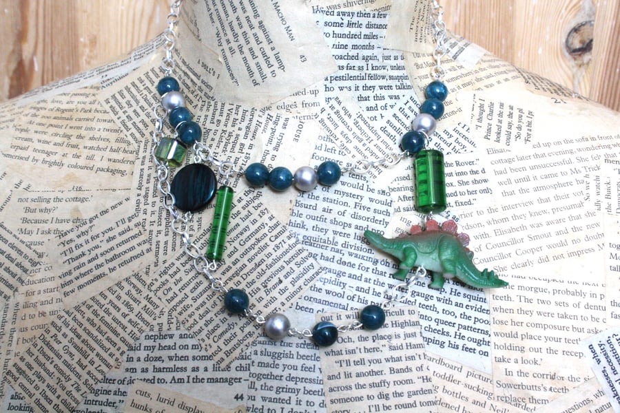 Silver Tone Chain Green Bead Dinosaur Quirky Necklace