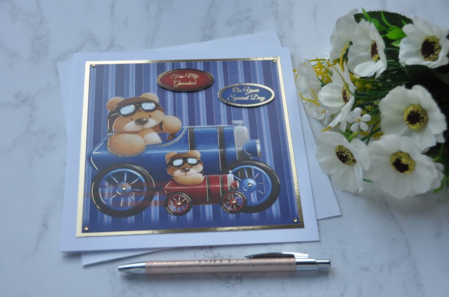 Grandad Birthday Card Vintage Car Teddy Bears Blue Car 3D Luxury Handmade