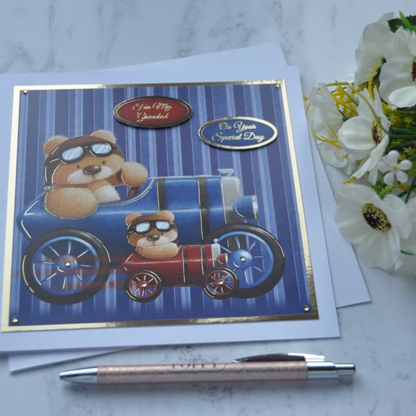 Grandad Birthday Card Vintage Car Teddy Bears Blue Car 3D Luxury Handmade