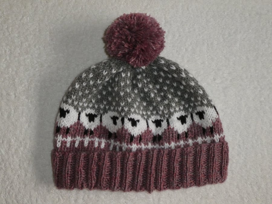Sheep Bobble Hat with Pompom. Sheep in Heather Hat. Snowy Sheep Bobble Hat