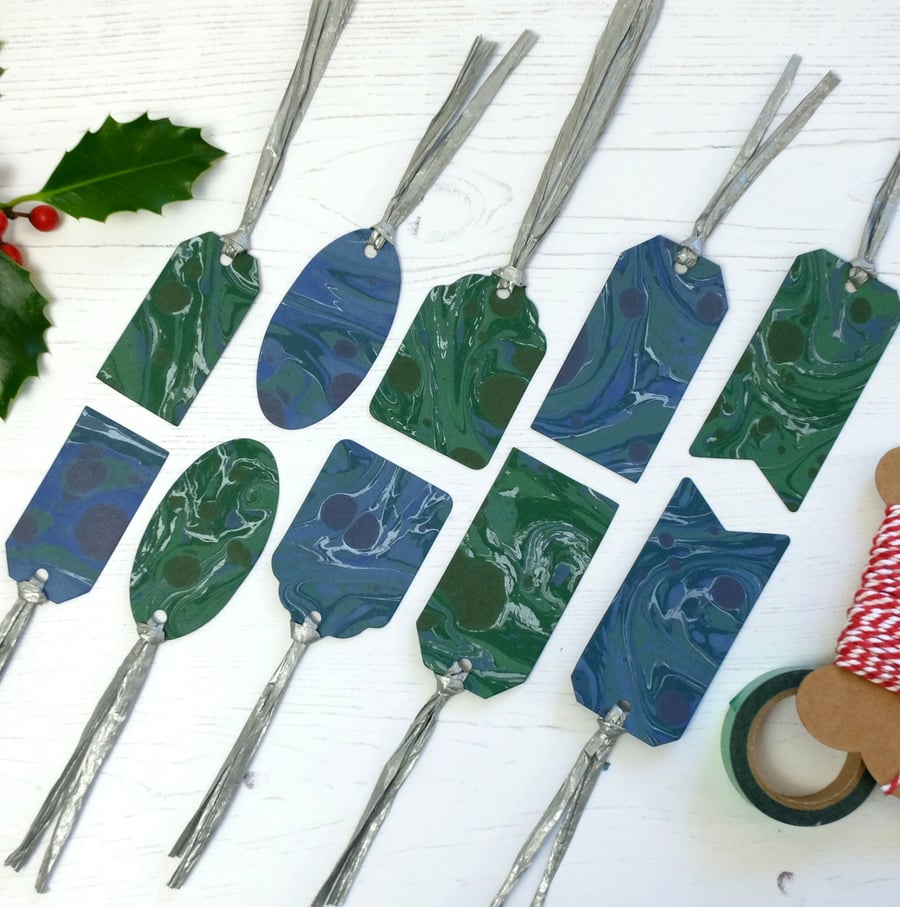 Green and blue mixed pack marbled gift tags