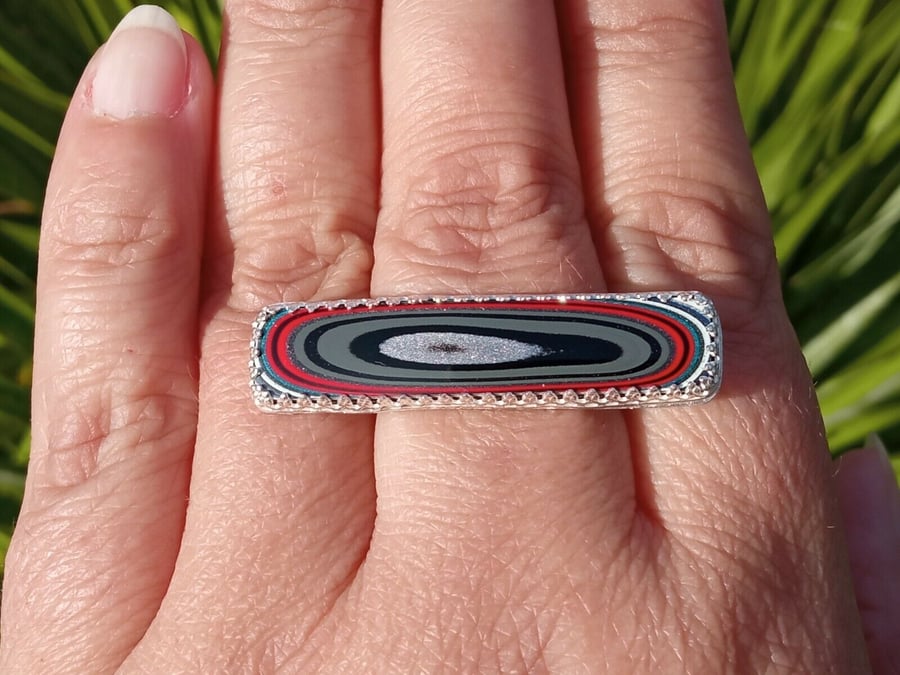 Fordite Ring Sterling Silver Jewellery Statement Gift Adjustable Rectangle 